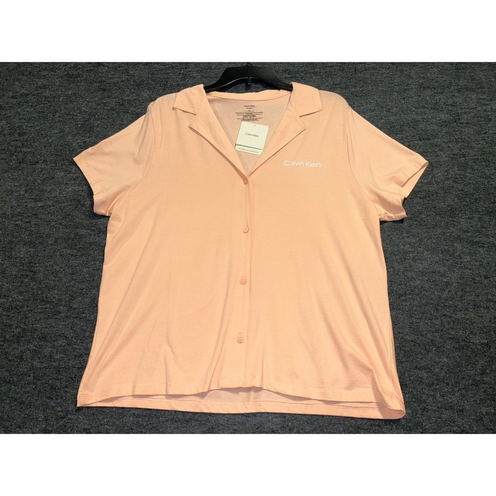 Calvin Klein Pajama Top Womens Large Peach Short Sleeve Button Down Logo Shirt